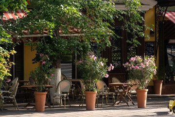 May 24, 2025 Almaty Kazakhstan. Early morning on the terrace of a popular cafe in the center of Almaty.