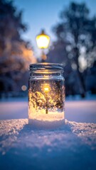 Miniature lamp post in a jar with winter snow