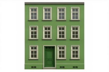 Green apartment building facade with multiple windows