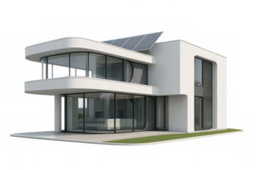 Modern minimalist house with solar panels on transparent background