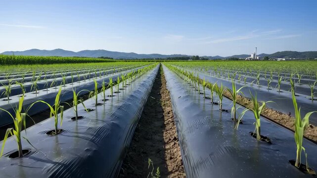Medium shot of black plastic mulch covering sugarcane fields highlighting enhanced soil temperature control and moisture conservation for higher crop yield.