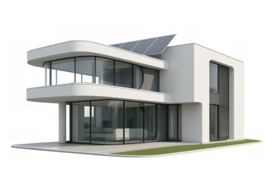 Modern minimalist house with solar panels on transparent background