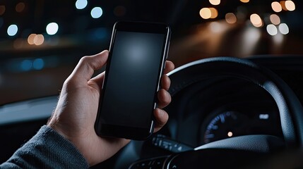 A hand grips a smartphone while driving at night. The dashboard illuminates softly with surrounding city lights in the distance