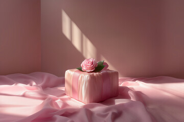 Pink fabric gift box with rose flower in soft sunlight