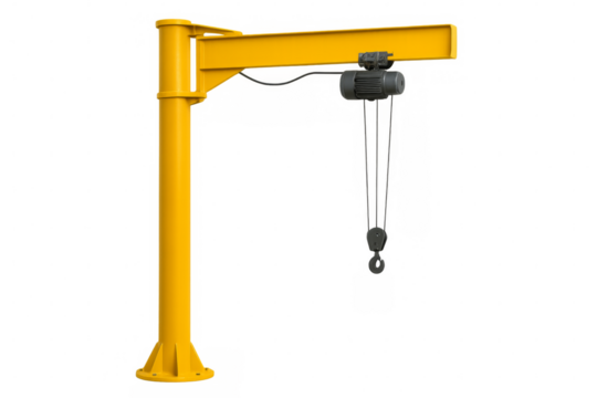 Yellow jib crane lifting equipment on transparent background