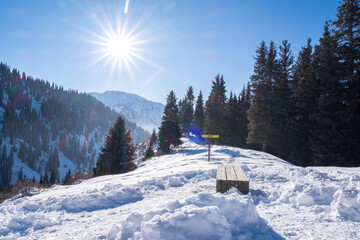 Winter landscape in the Trans-Ili Alatau mountains near Almaty. Winter, snow in the mountains. Hiking trails in the mountains near Almaty.