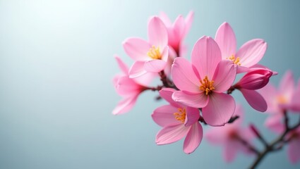 Obraz premium Delicate pink blossoms bloom against a soft, light blue backdrop, showcasing intricate petal details and a gentle springtime mood.