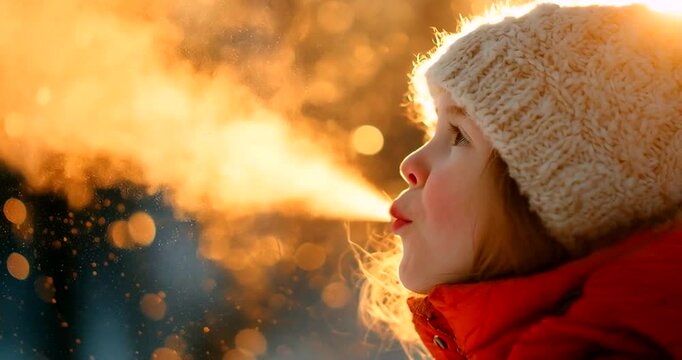 A young child in a knitted hat and warm jacket exhales a cloud of steam in the cold winter air, illuminated by warm sunlight 4k video