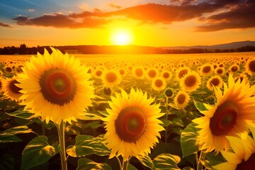 Fototapeta premium Breathtaking sunflower field in full bloom with golden petals facing the sun, vibrant summer landscape in 8k ultra high resolution, nature background and agricultural scenery