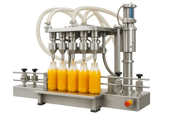 Industrial machine filling juice into plastic bottles on transparent background