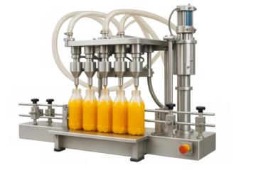 Industrial machine filling juice into plastic bottles on transparent background