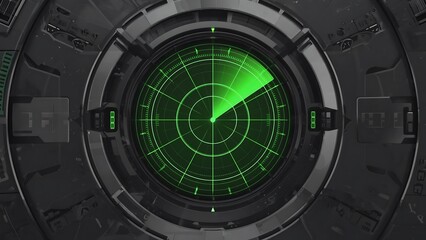 Futuristic green radar screen with a sweeping scanner in a dark metallic interface.