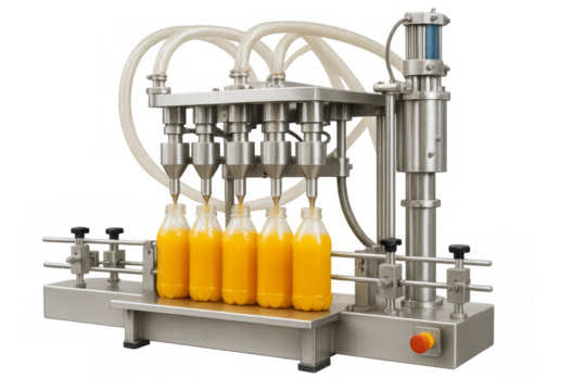 Industrial machine filling juice into plastic bottles on transparent background