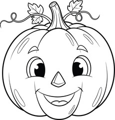 Happy Cartoon Pumpkin Line Art Illustration for Halloween and Autumn Coloring Books