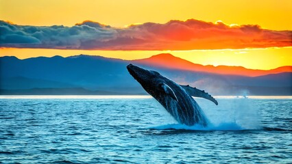 Fototapeta premium Majestic Humpback Whale Breaching at Sunset, Dramatic Silhouette Against Vibrant Sky and Ocean, Breathtaking Wildlife Photography, Serene Coastal Landscape.