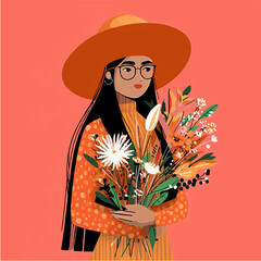 a vector illustration of a girl holding a bouquet of flowers.