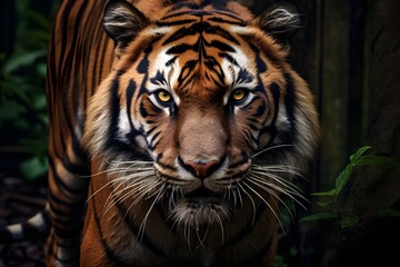 Fototapeta premium Striking close-up of majestic tiger with piercing gaze, powerful predator symbolizing strength and untamed wilderness, detailed wildlife portrait in 8k ultra high resolution