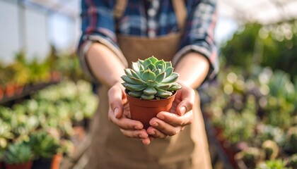 Gardeners Hands Gently Hold Small Succulent Plant in Potted Container