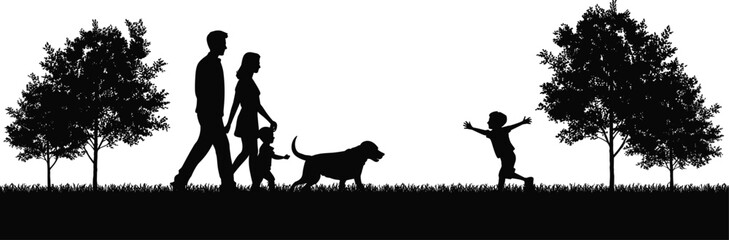 Happy family walking with dog in park, child running with joy, trees in background, outdoor leisure, silhouette illustration design