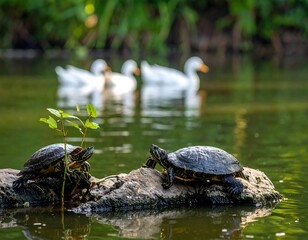 Obraz premium Two turtles bask on a rock in a pond, with white ducks visible in the background