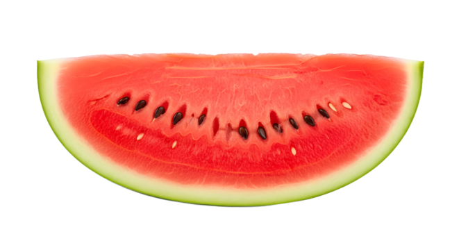 A vibrant, fresh slice of juicy red watermelon with black seeds, shown as a plain object perfectly isolated on a clean white background