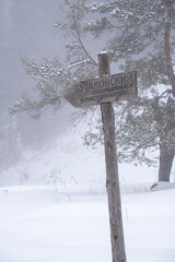 A sign pointing to a local landmark, a waterfall in the mountains. Against the backdrop of snowfall and fog.
