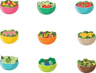 Healthy salad bowls, fresh vegetables, colorful fruits, nutritious meals, organic food, balanced diet, vegetarian cuisine, wellness lifestyle, clean eating, superfoods