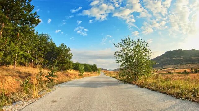POV car drive on local road, golden meadows, trees, beautiful sky sparse clouds