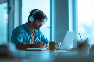 Focused young Indian man wearing headphones and glasses, studying or working remotely on a laptop at a desk, writing notes in a notebook with a mug beside him, in blue evening light.