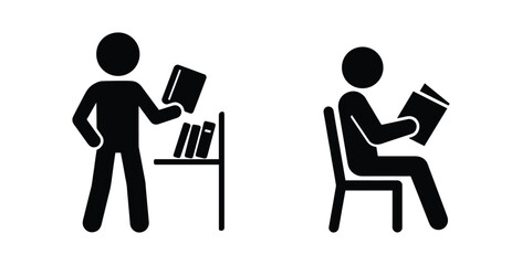 Man reading a book, library icon set, stick figure, human silhouettes
