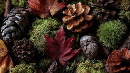Fototapeta premium Colorful autumn leaves and cones create a beautiful natural scene on mossy ground in a quiet forest