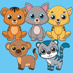Group of adorable cartoon animals with big eyes sitting on a blue background