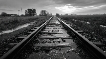 Fototapeta premium Black and white railroad tracks stretching into the distance on a cloudy day