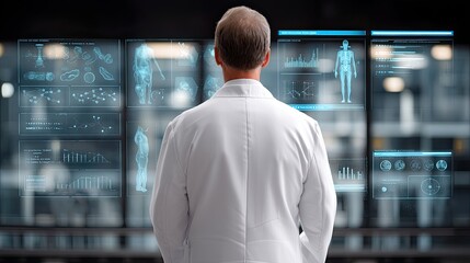 Healthcare worker uses touch technology to explore a 3D hologram of human anatomy in a high-tech medical environment