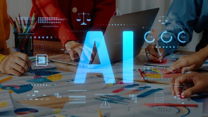 A dynamic workspace scene showcasing teamwork and creativity with individuals collaborating on AI technology and design tools, enhancing productivity and innovation. Raster