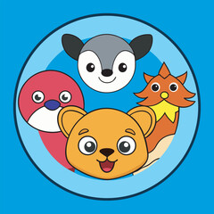 Cartoon animals in a circle on a blue background, cute and colorful design