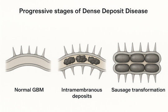 Illustration showing the progressive stages of Dense Deposit Disease, comparing normal GBM with intramembranous deposits and sausage transformation.