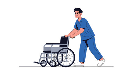 A healthcare professional pushing a patient in a wheelchair.