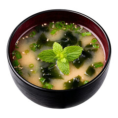 Hot soup with lime and mint in wooden bowl food on transparent background
