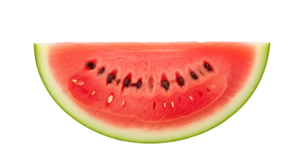 A fresh, juicy slice of ripe red watermelon with black seeds, isolated on a plain white studio background