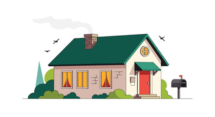 A cozy suburban house with a green roof and a mailbox.