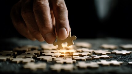 Businessman manipulating puzzle pieces as a strategy concept