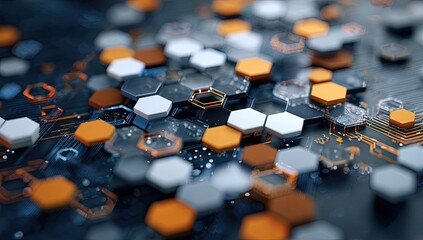 Abstract circuit board with hexagonal shapes.  Complex technological design
