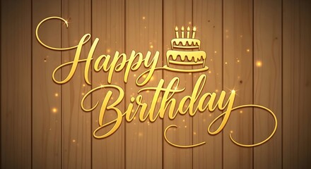 Elegant happy birthday design with golden script and cake on wooden background for celebration cards