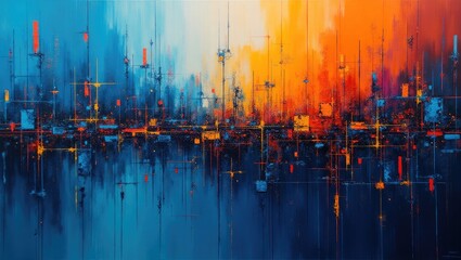A vibrant abstract artwork showcases a dynamic interplay of horizontal lines and contrasting color palettes, creating a sense of energetic movement and depth.