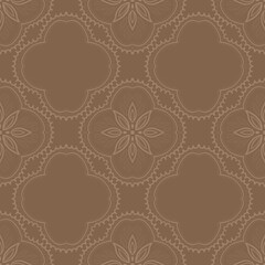 Seamless ornamental hand drawn pattern with floral mandala shapes in soft tones of beige and brown. Perfect for textile design, fabric print, wallpaper, wrapping, digital backgrounds, surface decor