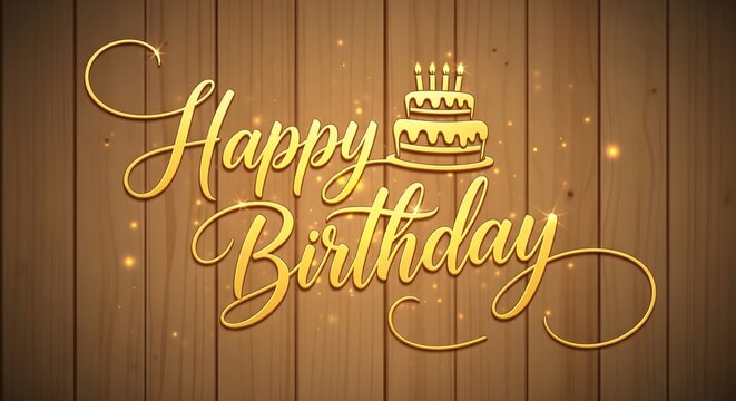 Elegant happy birthday design with golden script and cake on wooden background for celebration cards