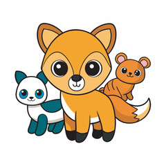 Adorable cartoon fox, panda, and squirrel, posing