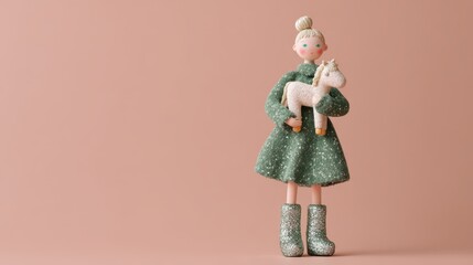 Child's Companion: A delicate art doll, attired in a stylish gown and boots, tenderly cradles a diminutive toy unicorn, symbolizing innocence and imagination against a minimalist backdrop.