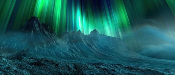 Green Aurora Borealis over mountain horizontal.